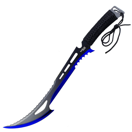 Tactical Master Blue Machete with 3 PCS 6" Throwing Knife featuring a curved blade and durable grip