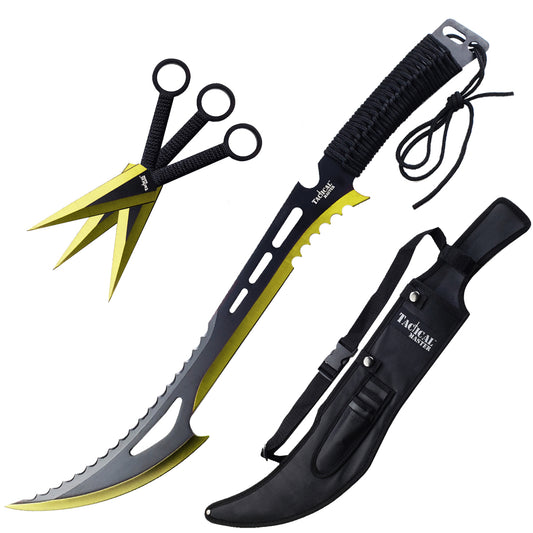 Tactical Master Gold Machete Throwing Knife set with three throwing knives and a protective sheath