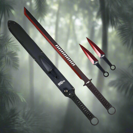 Tactical Master Red Machete With Throwing Knives and sheath, ideal for outdoor adventures and survival tasks