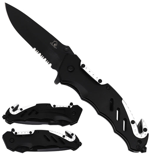 Falcon black spring assisted pocket knife with partially serrated blade and safety hooks