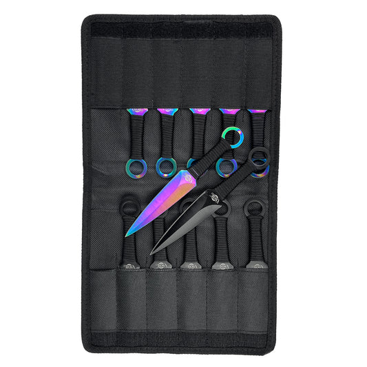 Target Master 12 PCS Rainbow & Black Throwing Knife Set in a compact storage case for precision throwing