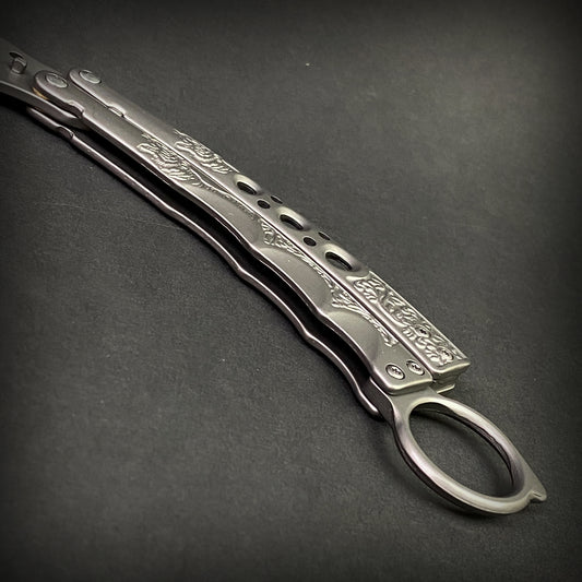 Guild Arms silver metal butterfly knife trainer for beginners with engraved handle design