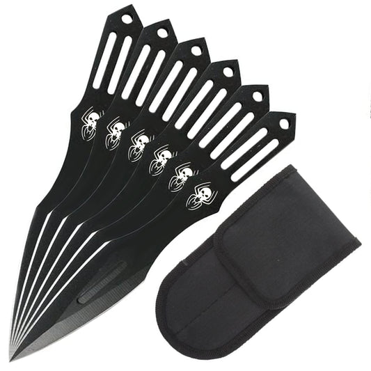 Falcon spider skull throwing knives set with black blades and spider skull design including carrying pouch