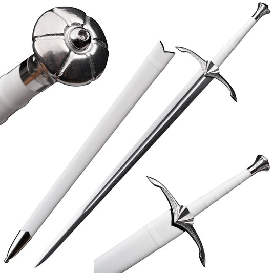 White hand-forged medieval sword with silver crossguard and white scabbard by Knight Collections