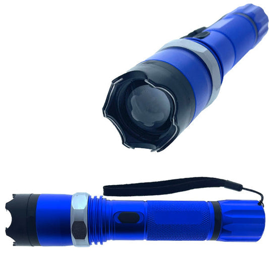 Guild Arms portable stun gun with flashlight in blue featuring wrist strap and textured grip