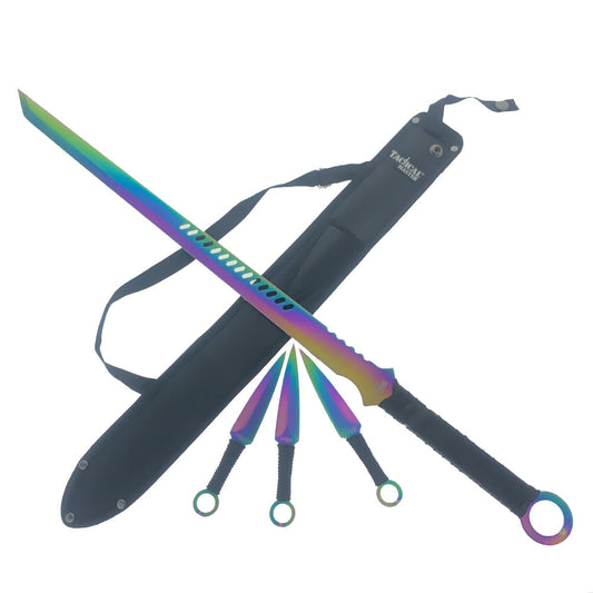 28" Rainbow Machete w 3 Throwing Knives