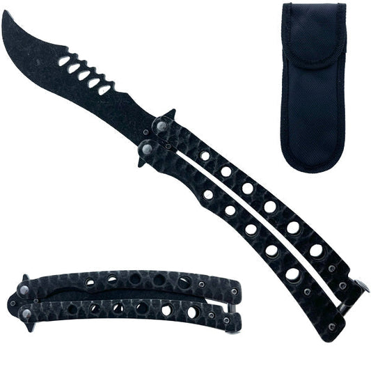 Guild Arms Black Butterfly Knife Trainer with lightweight design and protective sheath for safe practice