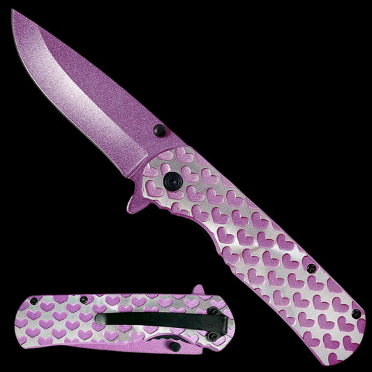 Guild Arms purple hearts spring assisted pocket knife with heart patterned purple handle pocket clip open and closed views