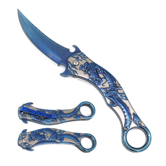 Blue Dragon Spring Assisted Knife with intricate dragon designs and stainless steel blade for easy use