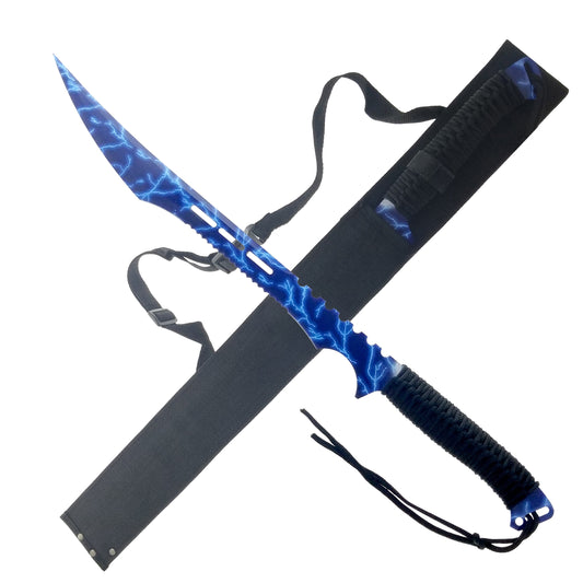 Blue Thunder Tactical Machete with Lightning Design and Black Sheath for Outdoor Enthusiasts