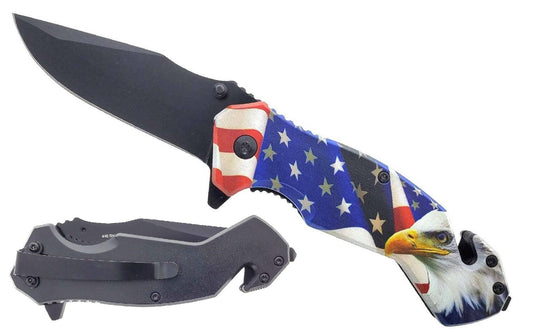 Eagle spring assisted pocket knife for collectors with patriotic design featuring an eagle and American flag