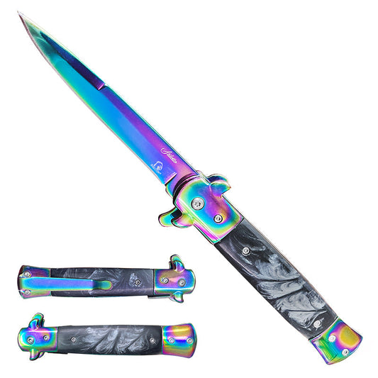 Falcon Folding Knife w/ Faux Black Marble Acrylic Handle featuring a vibrant rainbow finish and spring-assisted opening