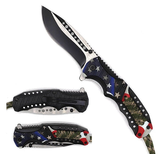 Falcon Spring Assisted Knife USA Flag Handle w/ Paracord featuring a sleek blade and durable grip