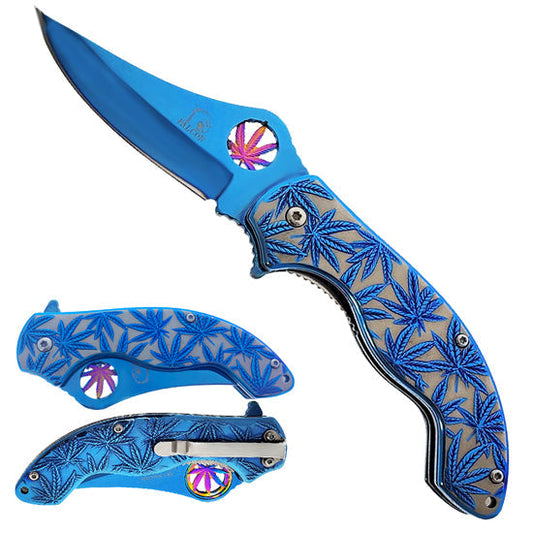 Falcon Spring Assisted Knife w/ Blue ABS Marijuana Design featuring a sharp blade and textured grip