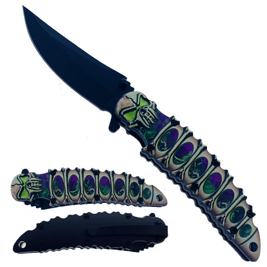 Green and purple skull pocket knife by Guild Arms with a spring-assisted opening and black blade