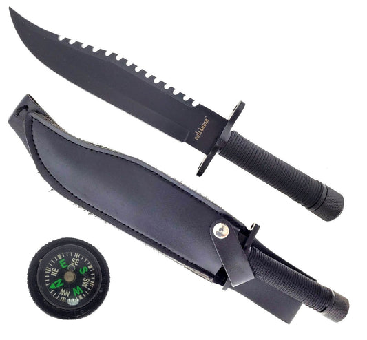 Outlander 15" Survival Hunting Knife with Firestarter and Compass in a leather sheath for outdoor adventures