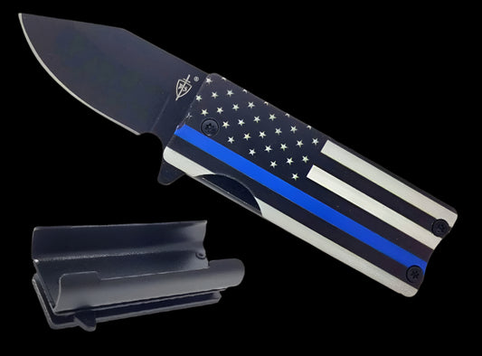 Guild Arms Police Flag Lighter Case Pocket Knife with a sleek design and blue line detail