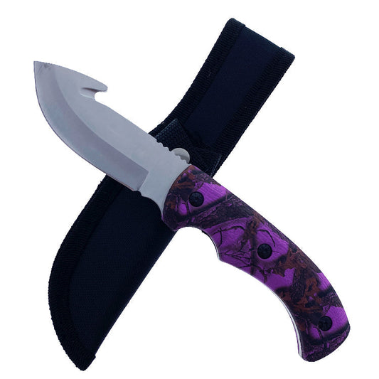 Guild Arms Purple Hunting Knife with durable blade and ergonomic handle, includes protective sheath
