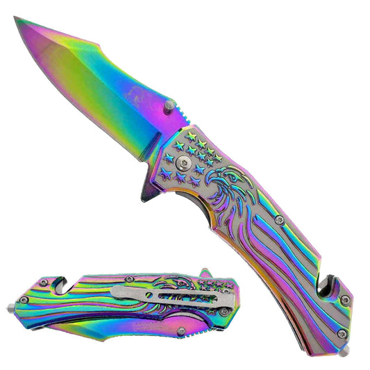 Rainbow Spring Assisted Knife Engraved with Eagle and USA Flag, featuring a colorful blade and sturdy handle