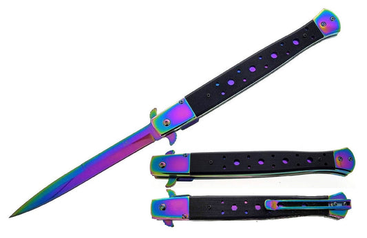 Rainbow Spring Assisted Knife Wood Handle with a sleek design and colorful blade for versatile everyday use
