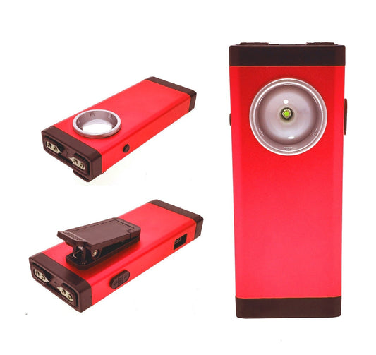 Guild Arms Red Mini Rechargeable stun gun with LED light features a compact design and built-in flashlight