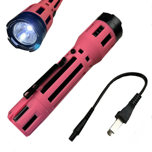 Guild Arms pink flashlight stun gun with LED beam pocket clip and USB charging cable