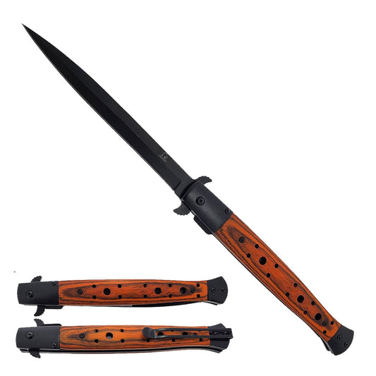 Guild Arms Stiletto Spring Assisted Pocket Knife with a sleek black blade and wooden handle