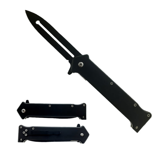 Guild Arms black spring assisted knife pocket knife with slim black handle long clip point blade
