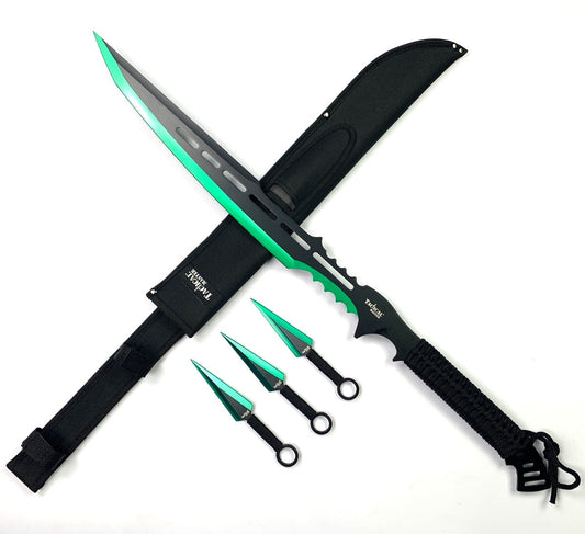 Tactical Master tactical machete with throwing knives and protective sheath for outdoor use