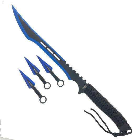 Tactical Master Blue Machete Throwing Knives set featuring a large machete and two smaller throwing knives