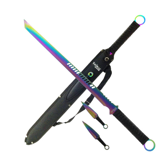 Tactical Master Rainbow Machete & Throwing Knife Set with sheath and vibrant color finish for outdoor use
