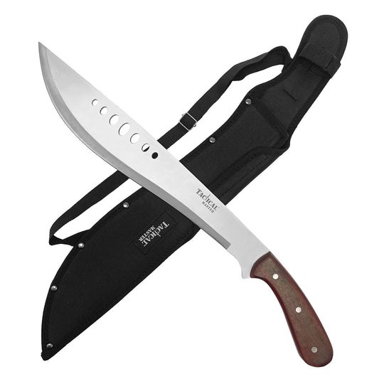 Tactical Master Wood Handle Hunting Machete with Curved Blade and Sheath for Outdoor Adventures