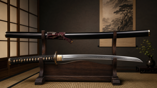 Musashi-style katana displayed on a wooden stand in a Japanese-inspired room