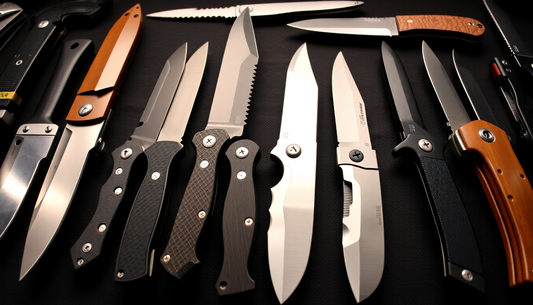 A collection of tactical and pocket knives on display