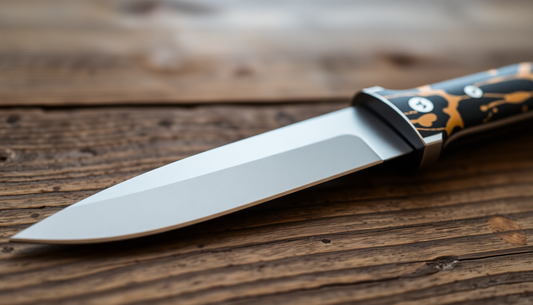 A hunting knife with a sharp blade on a wooden surface