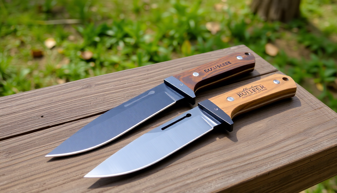 Two knives displayed on a wooden outdoor surface