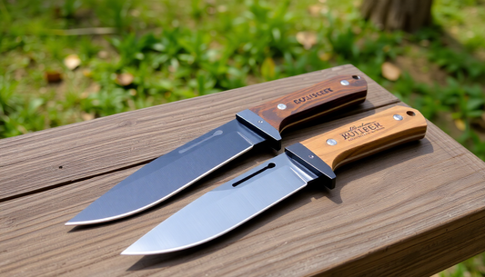 Two knives displayed on a wooden outdoor surface