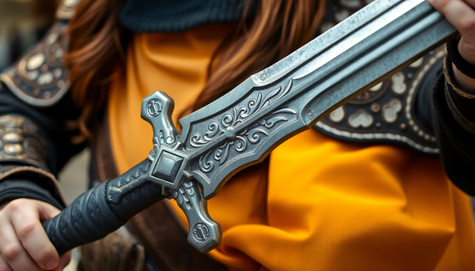 A fantasy-themed cosplayer showcasing a highly detailed foam medieval sword with intricate engravings and battle-worn textures.