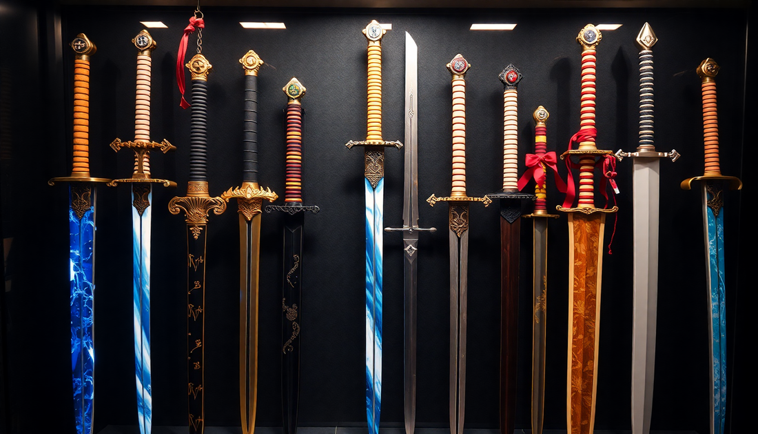 A collection of anime-inspired swords on display