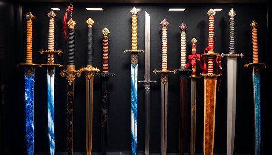A collection of anime-inspired swords on display