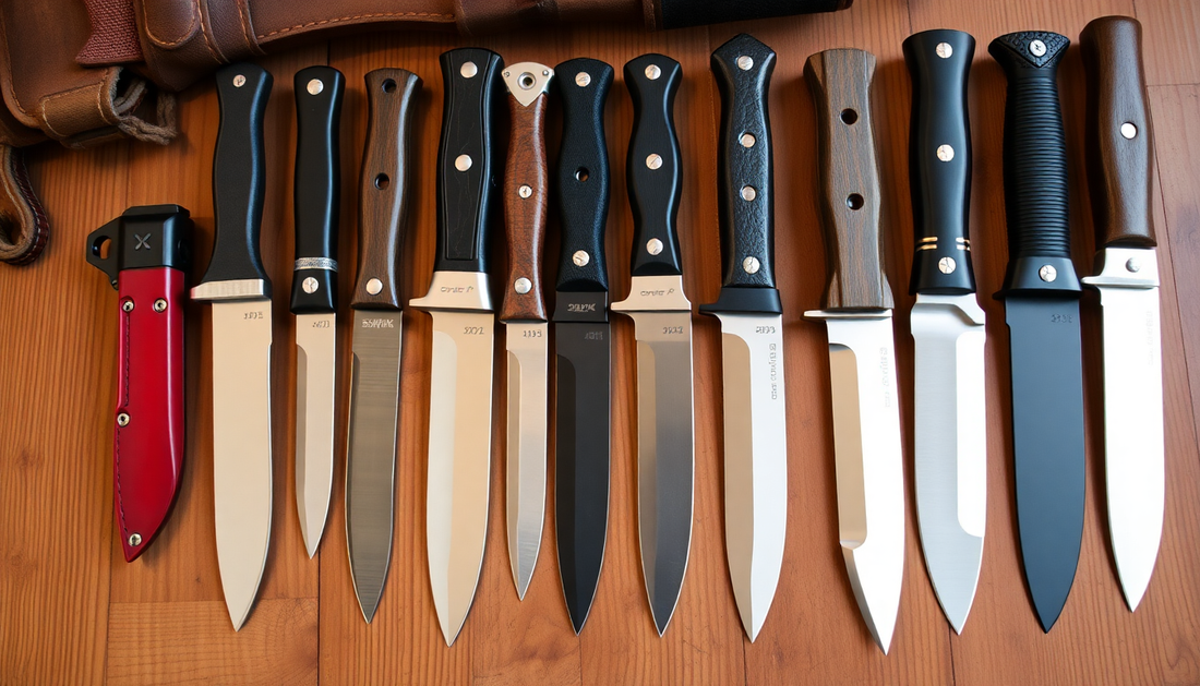A variety of tactical and survival knives displayed on wood