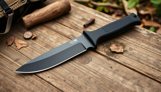 A rugged tactical knife on a wooden camping table