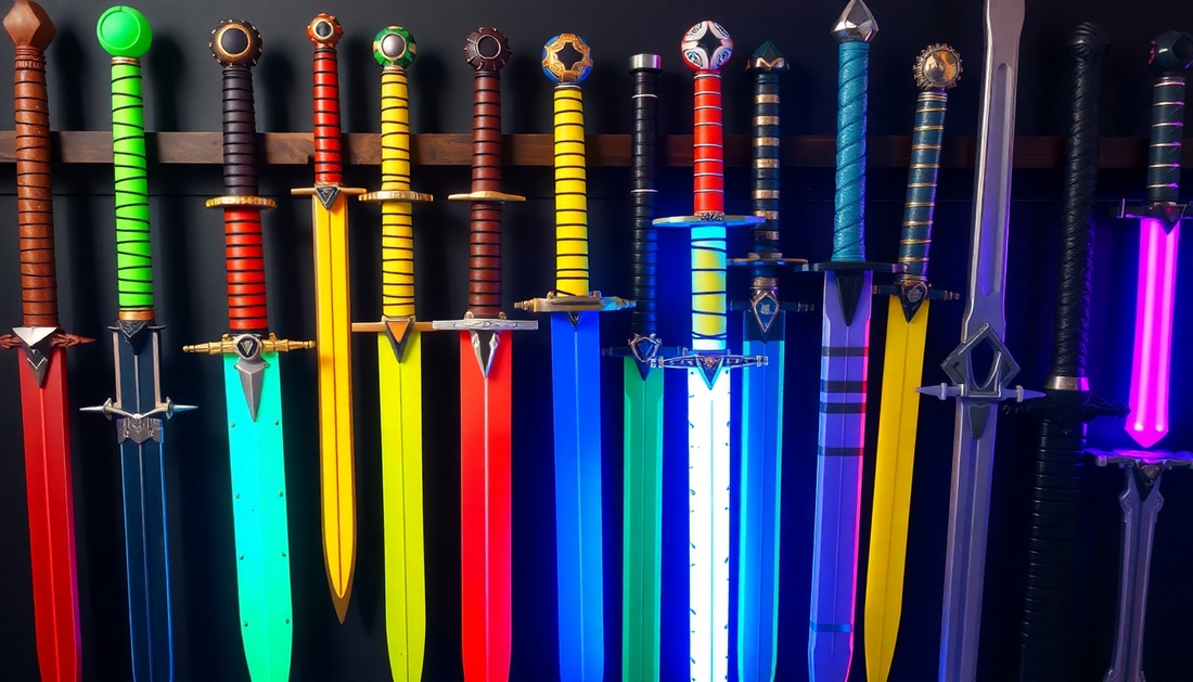 A collection of colorful foam swords for cosplay display
