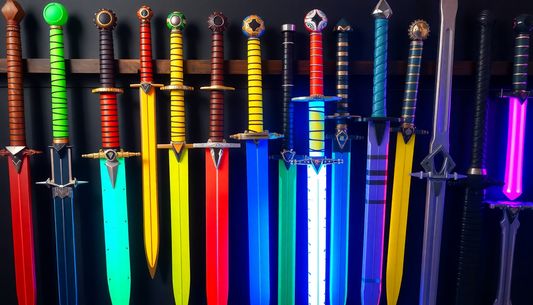 A collection of colorful foam swords for cosplay display