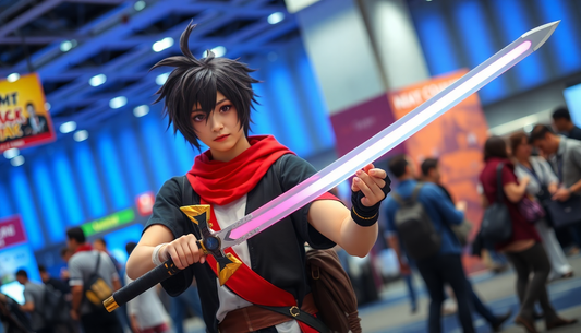 Cosplayer holding lightweight anime foam sword at convention