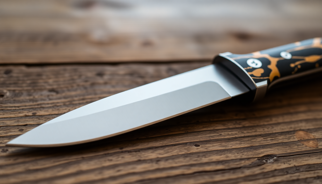A hunting knife with a sharp blade on a wooden surface