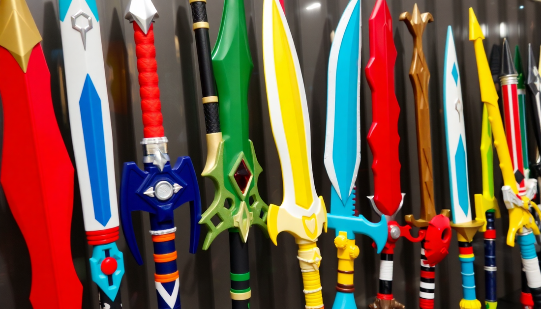 A variety of detailed anime cosplay foam weapons on display