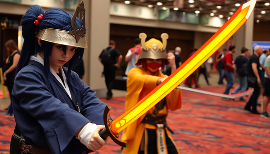 Cosplayers wielding a vibrant anime samurai katana foam sword at convention