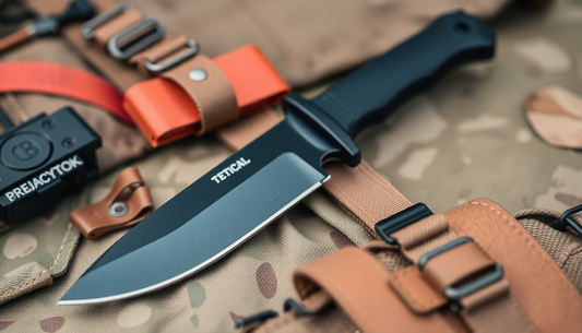 A tactical knife resting on a survival gear kit