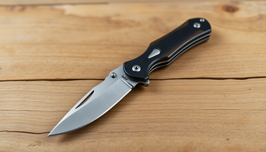 A sleek falcon pocket knife open on wooden surface
